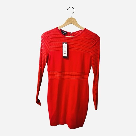 BeBe Red Long Sleeve Striped Mesh Mini Dress Size XS Party Formal Back Zipper - Picture 4 of 11
